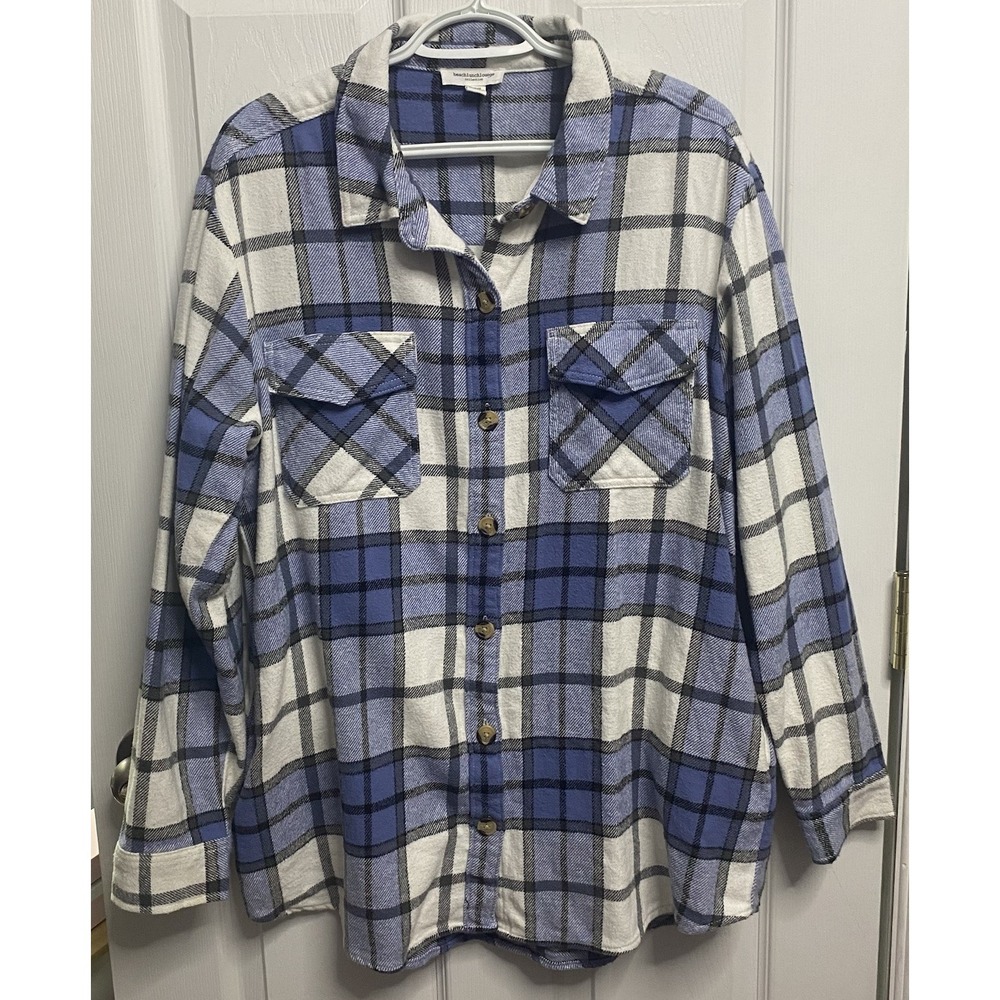 BeachLunchLounge Women Blue &White Plaid Cottagecore Flannel Button Up Shirt L